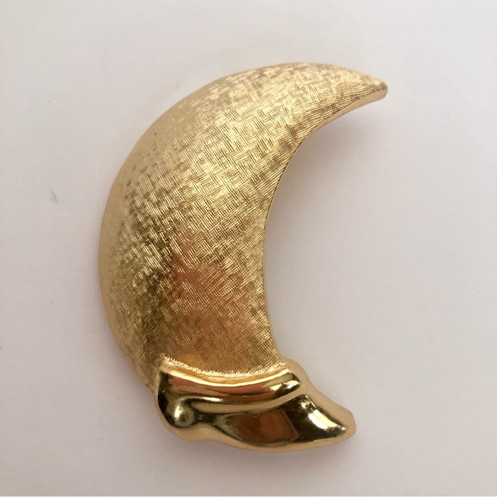 Crescent Moon brooch pin gold tone brushed with shiny accent